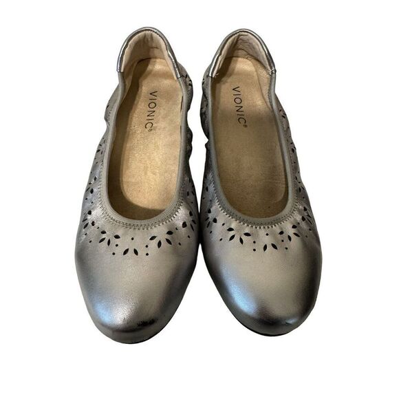 Vionic Geneva Metallic Sz 7 Women's Perf Leather Ballet Flat Shoe Pewter - Picture 1 of 7